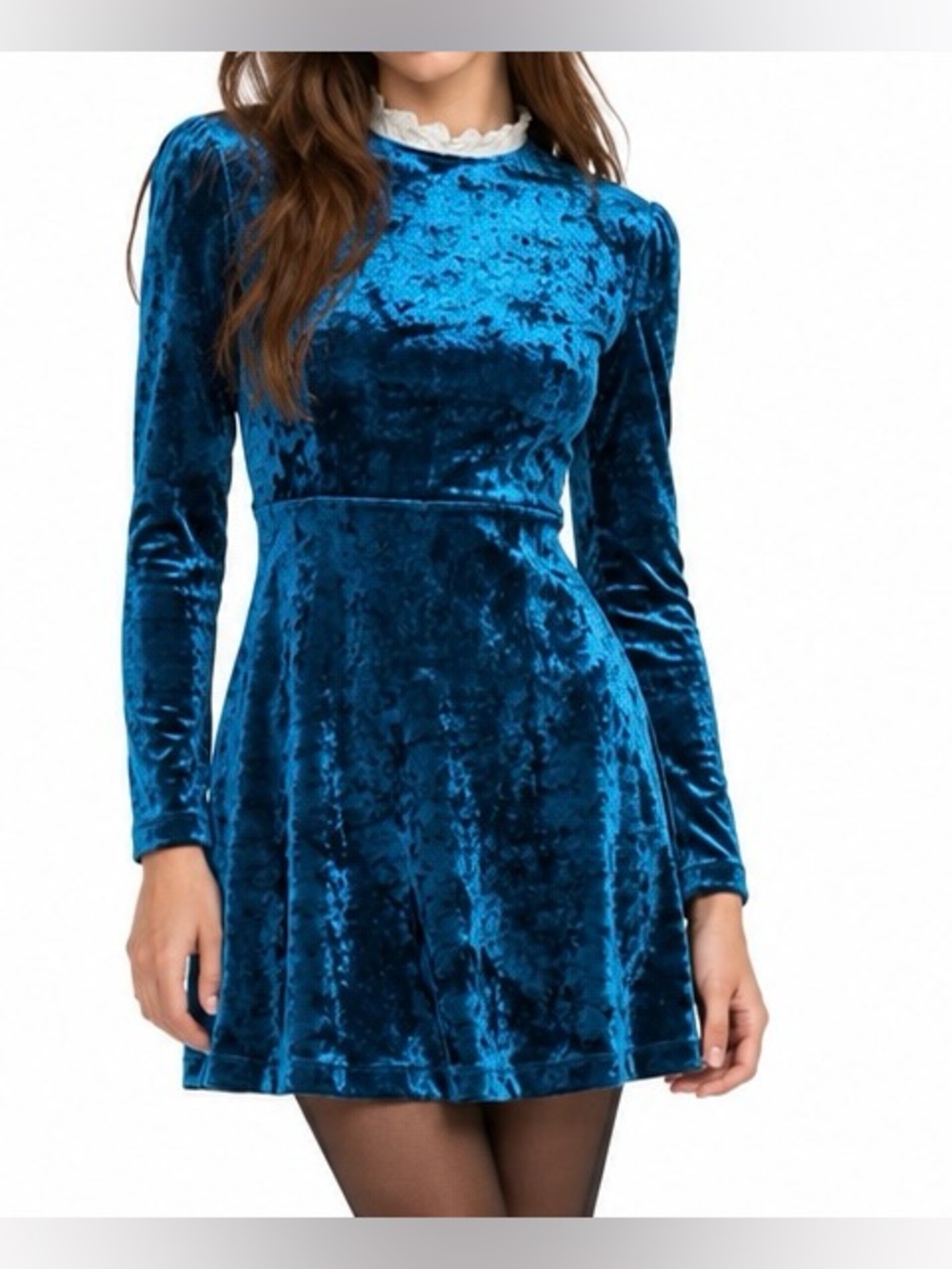 Maje Randy Crushed Velvet Mini Dress Blue Lace Collar XS